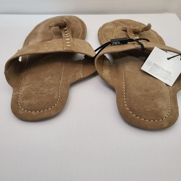 ZARA FLAT SPLIT SUEDE SLIDER SANDALS WITH STUDS Beige SIZE 10 | 1631/110/102 - Picture 9 of 9
